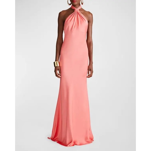 $545 HALSTON Womens Sz 14 Emi Twist-Front Satin Halter Gown in Calypso Glam - Picture 1 of 14